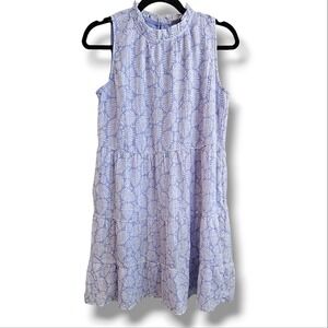 Loft Blue White Floral Leaf Printed High Neck Tiered Shift Dress Small Petiete